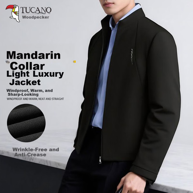 Woodpecker [Comfortable and Crisp] Stand Collar Men's Jacket Summer Business Casual Windproof Blazer Coat Black 4XL