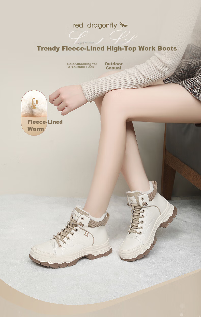 Red Dragonfly Women's Martin Boots Autumn Winter Fleece Lined Warm Slim High Top Casual Trendy Shoes WXC430022R Beige Gray Size 36 2