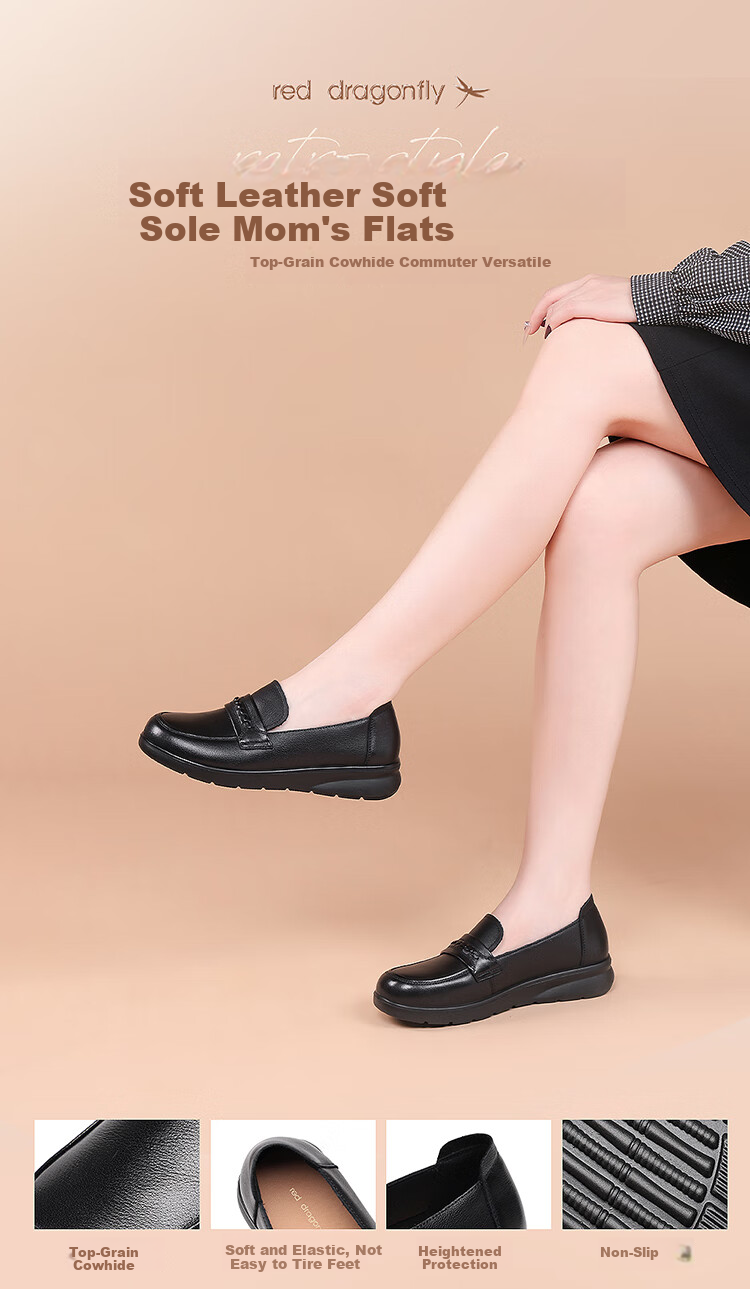 Red Dragonfly Women's Middle-aged and Elderly Mom Leather Shoes Cowhide Slip-on Loafers Soft Sole Flats WTB351791 Black Size 37 1