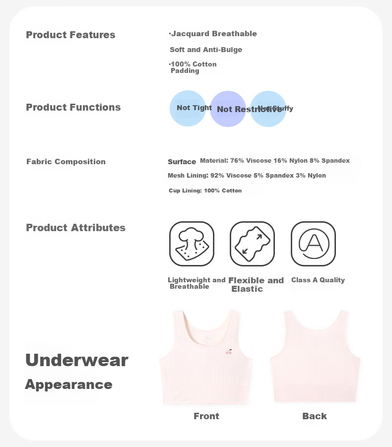 Jiusuiban 2-Pack Girls' Underwear Set, 8-10 Years Old, Developmental Stage Girls' Bra, Large Kids, 100% Cotton Padded Mid-Length Vest 1