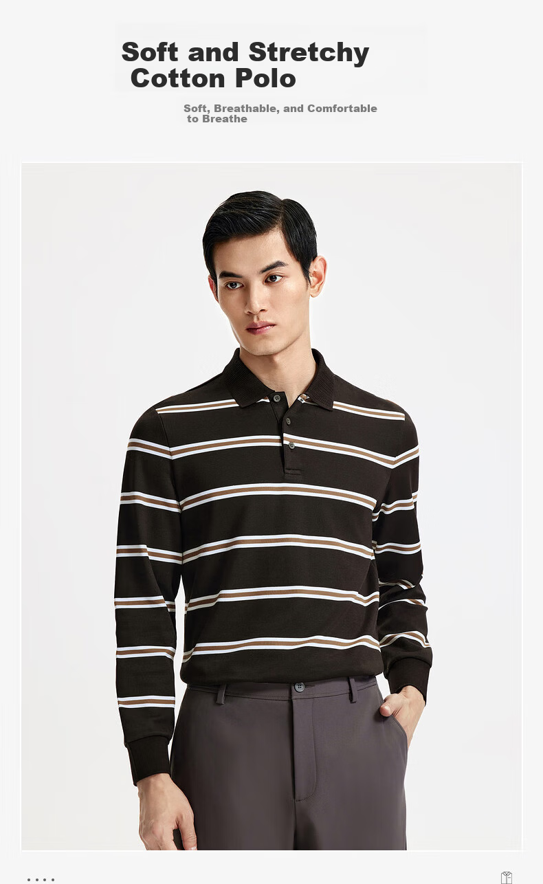 Goldlion High Cotton Content 24 Autumn Winter Comfortable Fashion Business Striped Long Sleeve Polo Shirt Men Brown-57 XXL 1