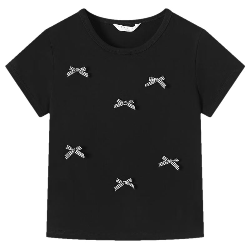 TonLion 2026 Summer New Short Sleeve T-Shirt for Women Black Bow Design Casual Early Spring Youthful Style