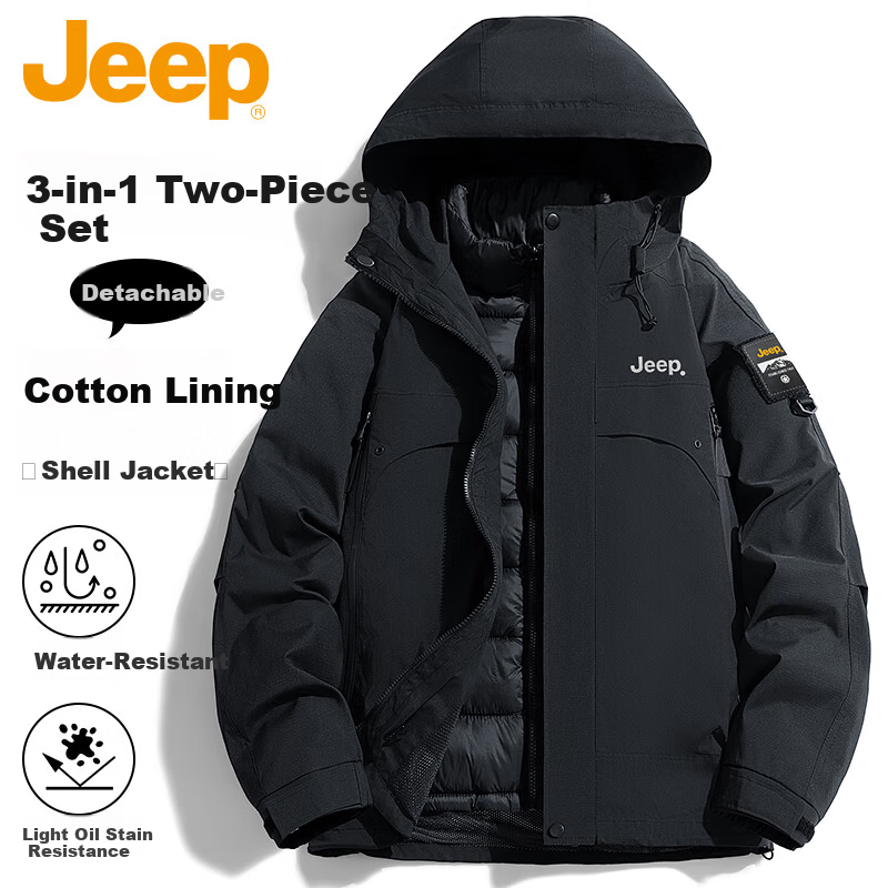 JEEP Men's 3-in-1 Jacket Autumn Winter Outdoor Waterproof Thickened Warm Mountaineering Coat Black 2XL