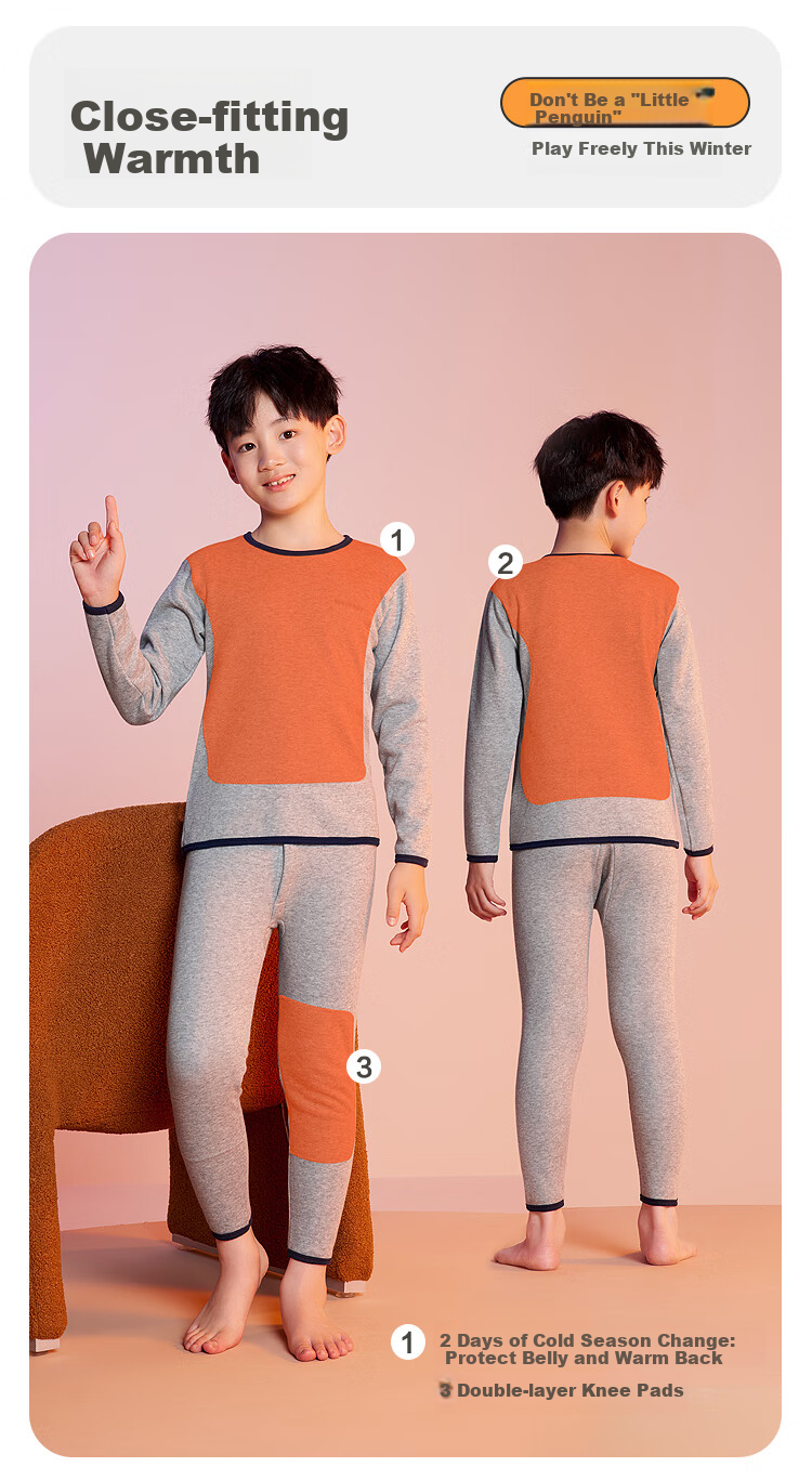 Hodohome Kids Thermal Underwear Boys A-Class Patch Stomach Warmer Back Protector Knee Pads Fleece Thickened Autumn Set 301 Blue 130 1