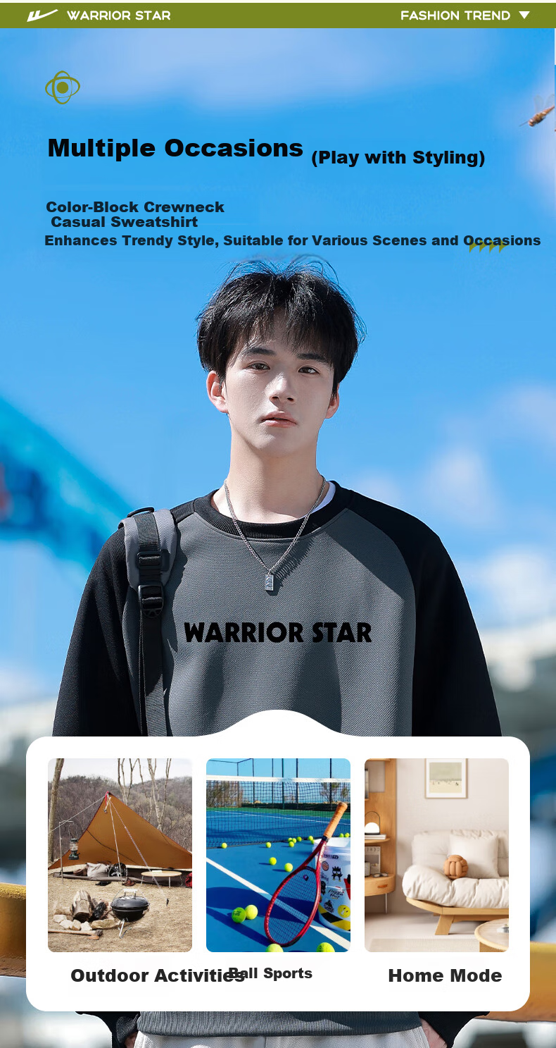 Warrior Sweatshirt for Men, Spring And Autumn Season, Color Block Spliced Round Neck Long Sleeve T-Shirt, Comfortable Retro Base Layer Pullover for Men, 1078 5