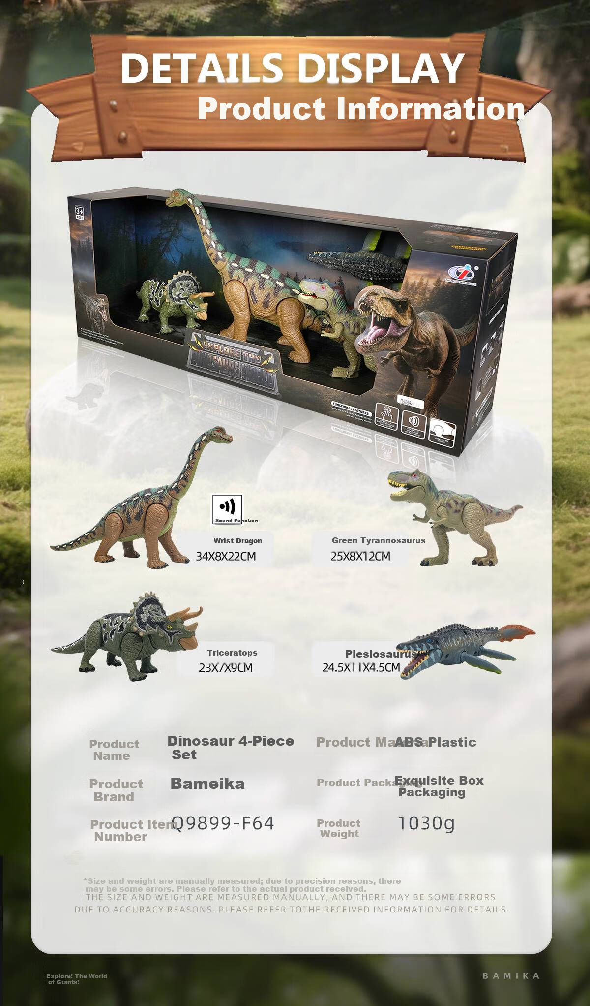 Bameika Large Smart Sound-Activated Dinosaur Model Toy Realistic Jurassic Animals T-Rex, Pterosaur, Triceratops, Brachiosaurus 10