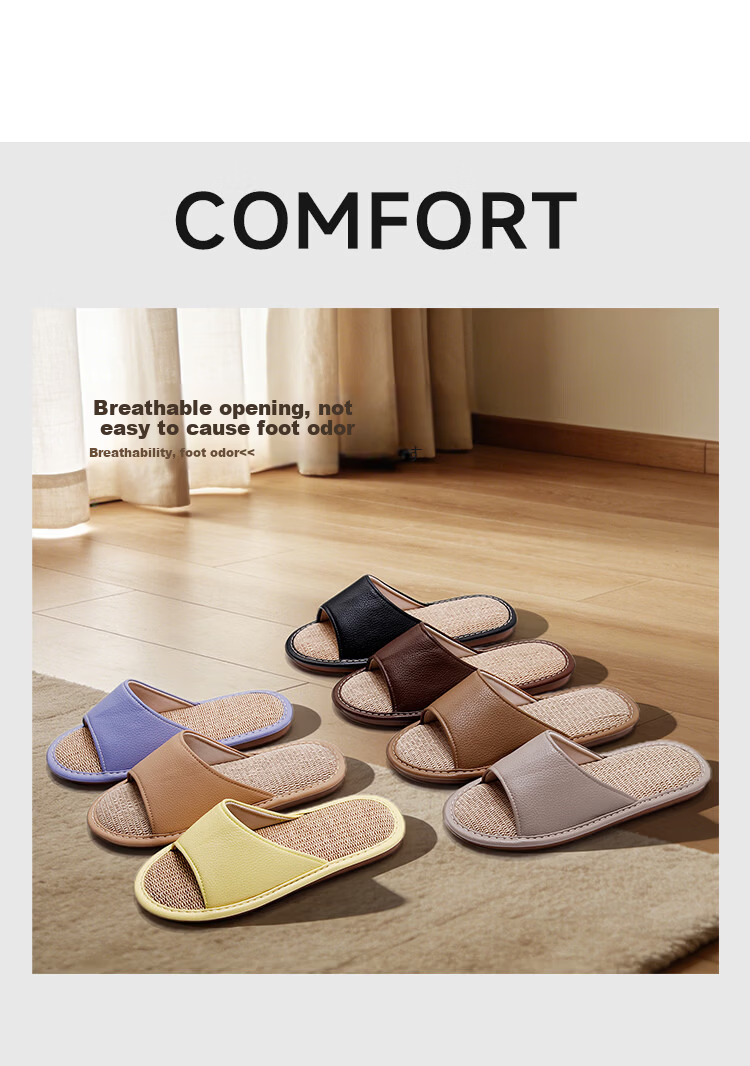 Genmai Plus Size Linen Slippers Men 4849 Indoor Home Floor Non-Slip Four Seasons Leather Slippers Coffee Color Size 40-41 10
