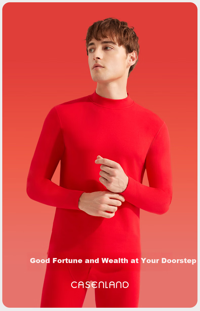 Carsonlan Qi Ji Red Thermal Underwear Set for Women, Pure Cotton Half Turtleneck Autumn Top and Bottom, Bright Red Year of the Horse Edition 2