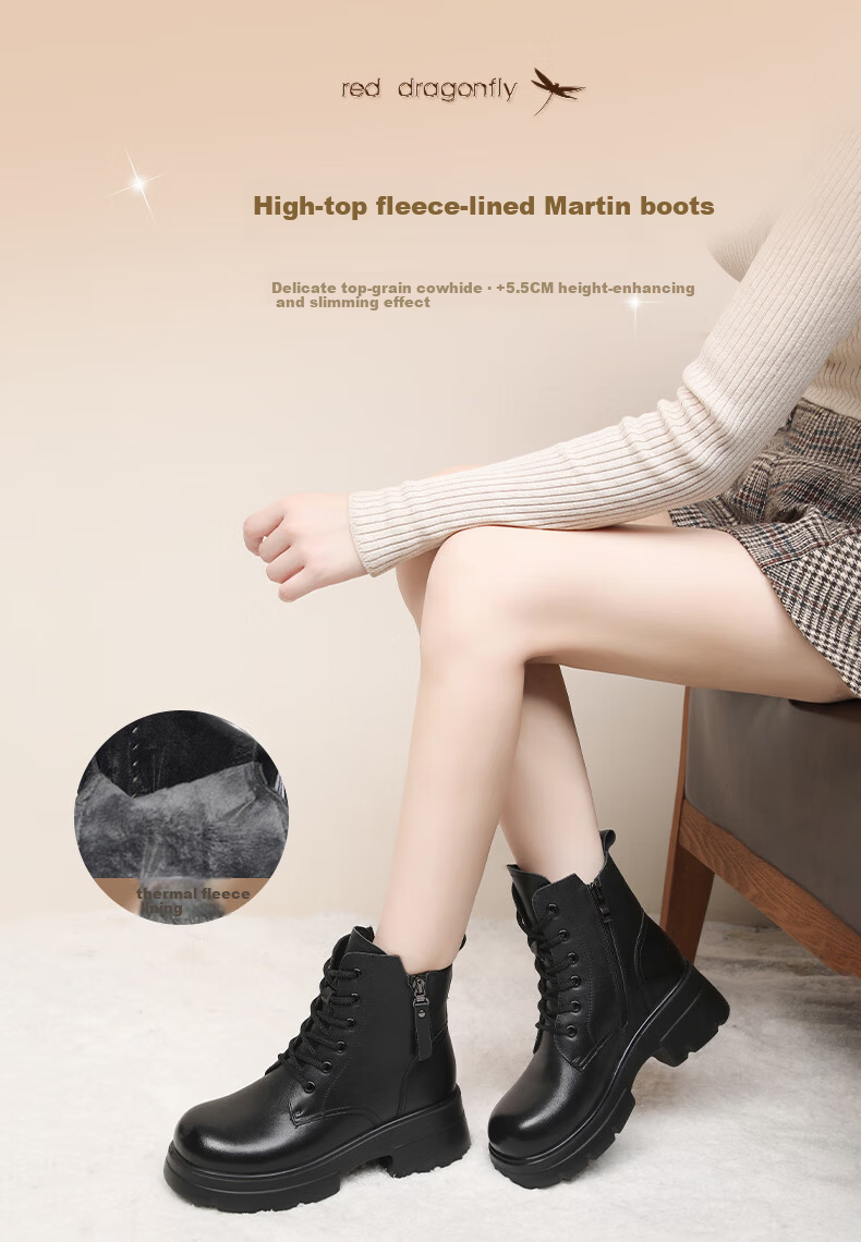 Red Dragonfly Women's Martin Boots Fleece Lined Warm Slimming Short Boots Petite Thick Sole Height Increasing Leather Boots WTC442891H Black Size 35 1