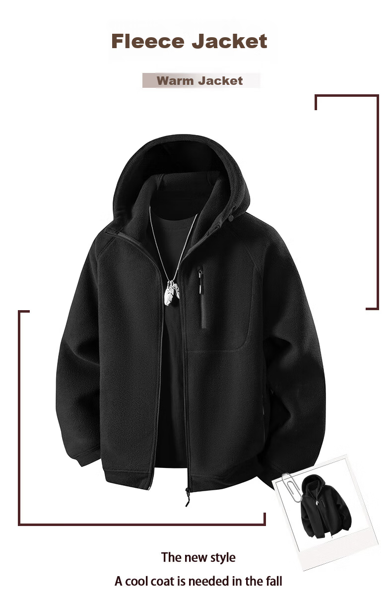 Jeanswest Men's Spring Casual Loose Warm Thick Fleece Jacket Hooded Versatile Comfortable Fleece Top 2