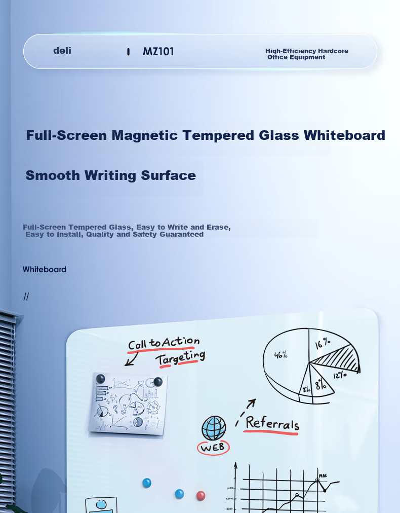 Deli Wall-Mounted Whiteboard 120x90cm Full-Screen Magnetic Tempered Glass Hanging Whiteboard Office Meeting Writing Board Blackboard (Includes Eraser, Marker, Magnetic Pins) MZ101 1