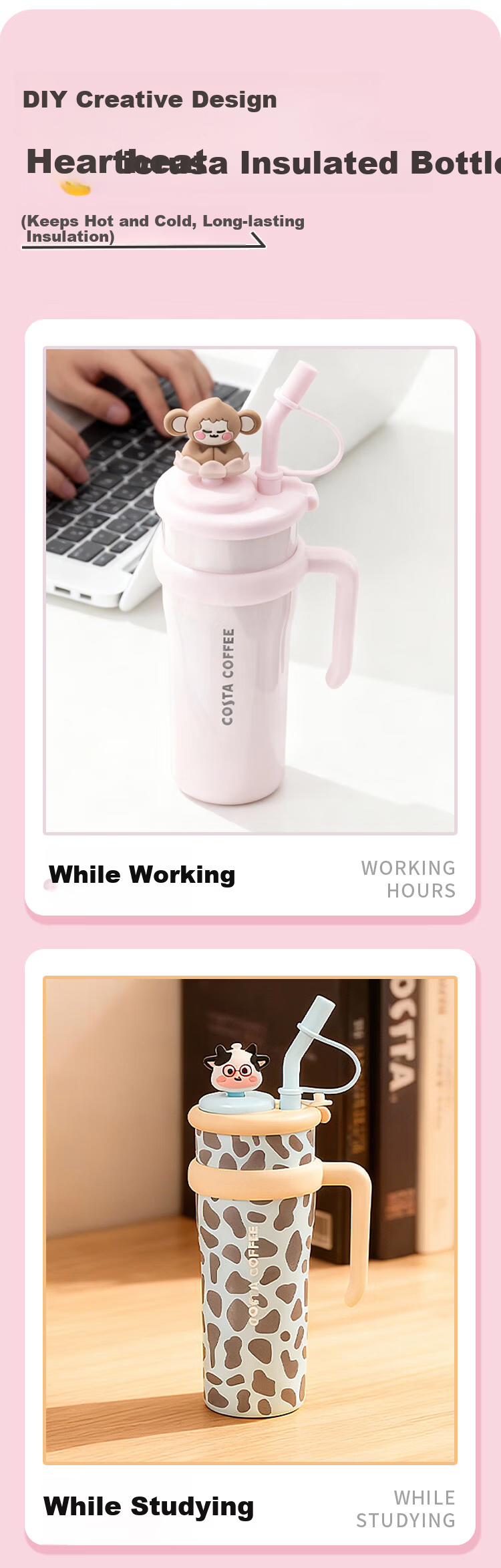 COSTA Jumbo Large Capacity Stainless Steel Insulated Straw Water Bottle for Men and Women Office Student DIY Holiday Gift 11