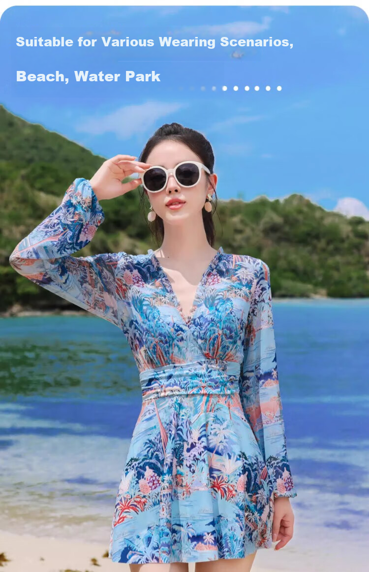 Xtep Women's Long Sleeve Swimsuit High-End Fashion Conservative Slimming One-Piece Skirt Style Plus Size Girl Tummy Control Hot Spring Vacation Swimwear 14