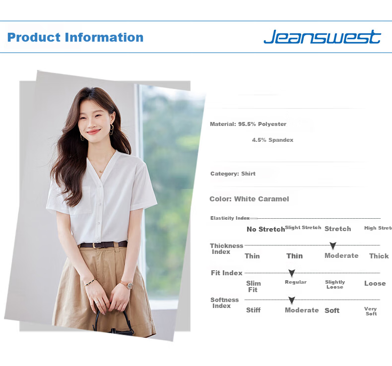Jeanswest Women's Summer Casual Short Sleeve V-Neck Pocket Versatile Fashion Formal Shirt White L 3