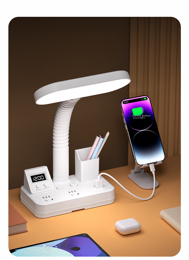 Sushiermo Pen Holder 3-in-1 LED Desk Lamp + Power Outlet + Digital Clock Student Desk Lamp 3-Socket 1.8m Cord Suitable for Dormitory Study Room Bedroom 11