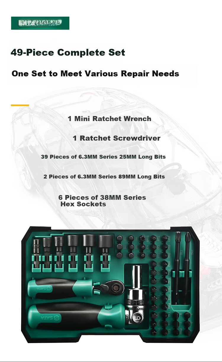 SATA 49-Piece Adjustable Ratchet Screwdriver and Wrench Set for Home and Auto Repair with Dual Ratchet Socket Bits Combo 3