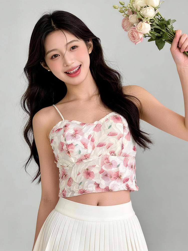 9i9 Rose Print Canvas Strap Back Vest with Chest Pad Anti-Exposure Tube Top Rural Style Ruched Wrap Chest Rose Red S213 2