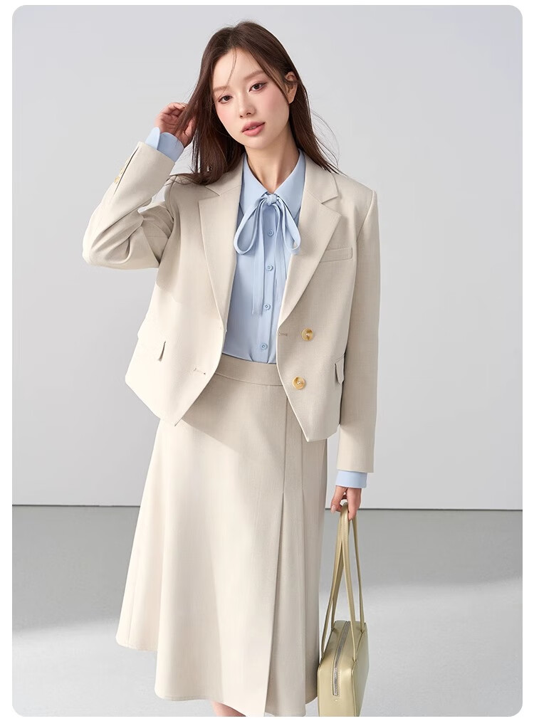 Bodexiaojie Beige Interview Suit Jacket for Women, Professional Commute Formal Wear, Lightweight Office Suit for Petite Figures 20