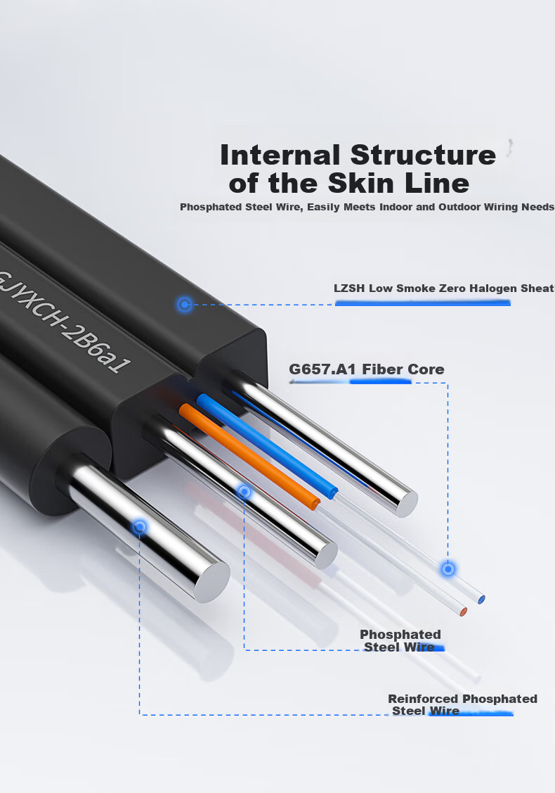 FiberHome Tiancheng Telecom Grade Indoor Butterfly Fiber Optic Drop Cable Single Mode 1 Core 2 Steel Wires Black GJXH Fiber FTTH Optical Modem Extension Pre-embedded Cable 1