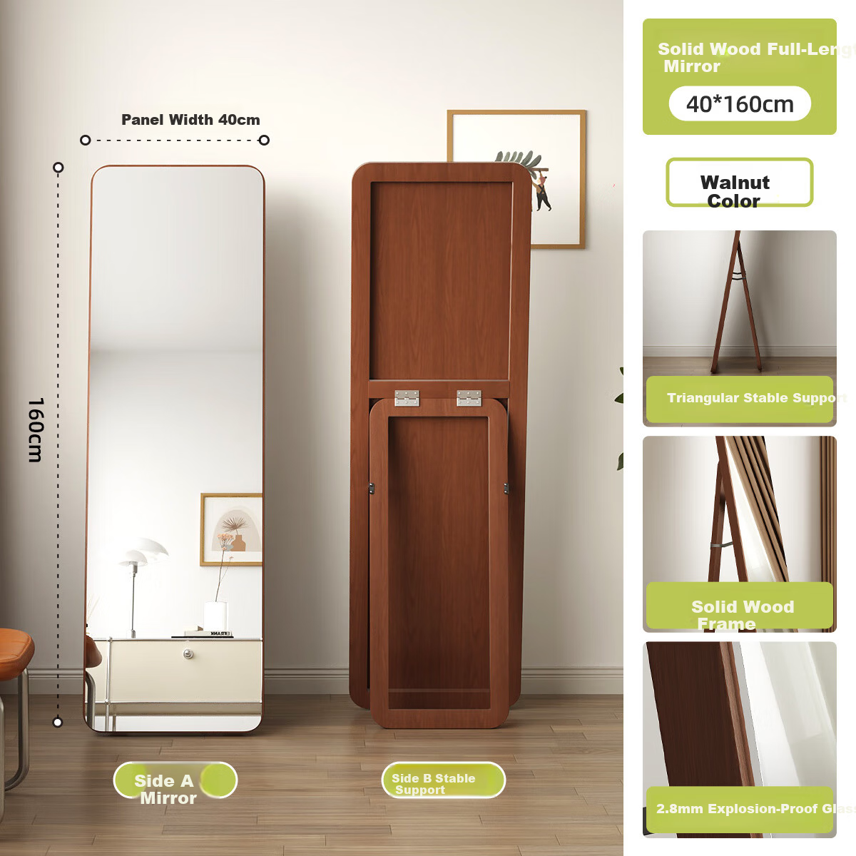 Millennium Huafu Solid Wood Full-Length Mirror Floor Mirror for Home Bedroom Dressing Room Clothing Store Wall-Mounted 64cm