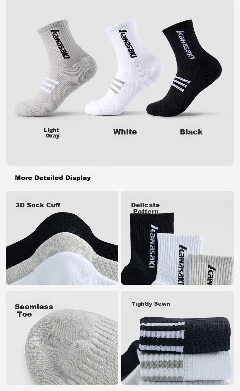 KAWASAKI Unisex Sports Badminton Socks Breathable Non-Slip Ankle Socks D6607 White/Grey/Black (3 Pairs) 19