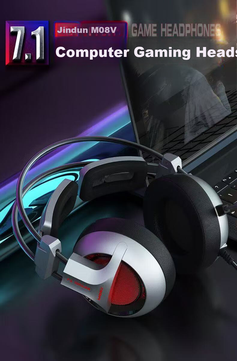 Jindun M08V Over-Ear Internet Cafe Gaming Headset 7.1 Surround Sound Wired Mic PUBG Positional Audio Wired Gaming Headphones with Inline Control 8