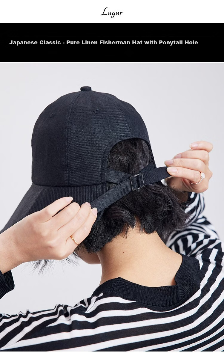Lagur Japanese Classic Pure Linen Ponytail Outdoor Sunshade Fisherman Hat Sunscreen Hat for Women Summer Dark Blue 1
