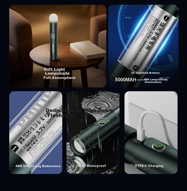 PHILIPS Ultra-Bright High-Intensity Flashlight with Five Color Light Sources, Long Battery Life, Outdoor Magnetic Camping Rechargeable Portable Home-Specific 5188 3