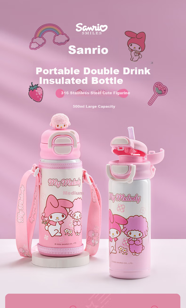 Sanrio 316 Stainless Steel Insulated Water Bottle 500ML Dual-Use Kids Thermos Cup 2543 My Melody 1