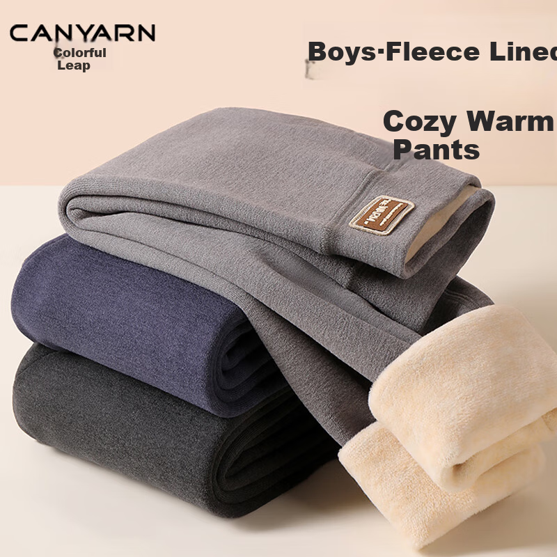 Caiyue Boys' Thermal Pants Fleece-Lined Thickened Autumn Winter Cotton School Uniform Inner Wear for Kids