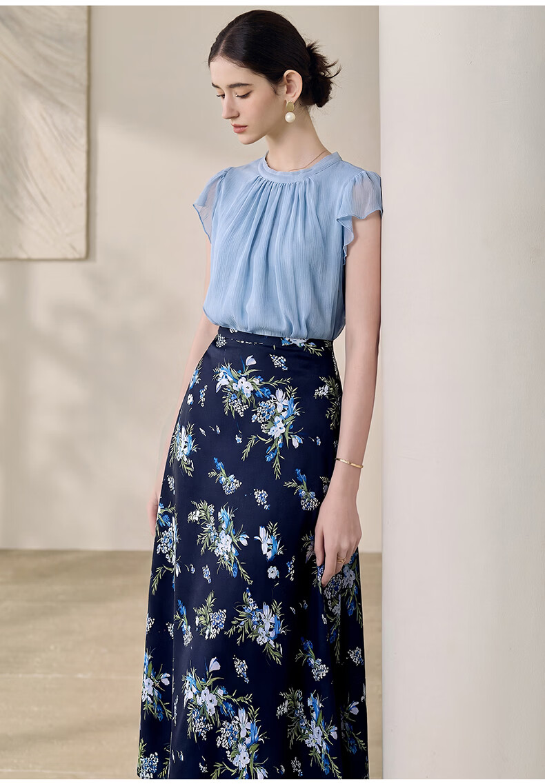 ROEYSHOUSE Elegant Workplace Flutter Sleeve Chiffon Blouse Summer French Pleated Top 13595 Light Blue S 8