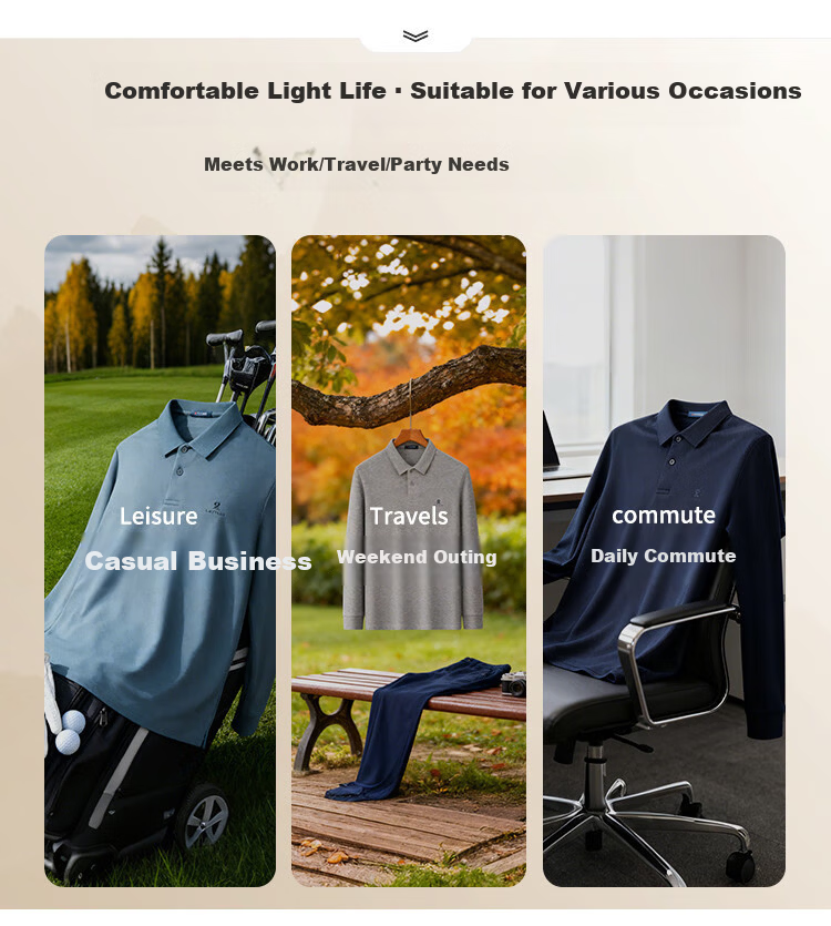 MONTAGUT Men's Long Sleeve Polo Shirt Spring Collar Xinjiang Cotton Skin-friendly Business Casual T-shirt Mist Gray 2XL 7