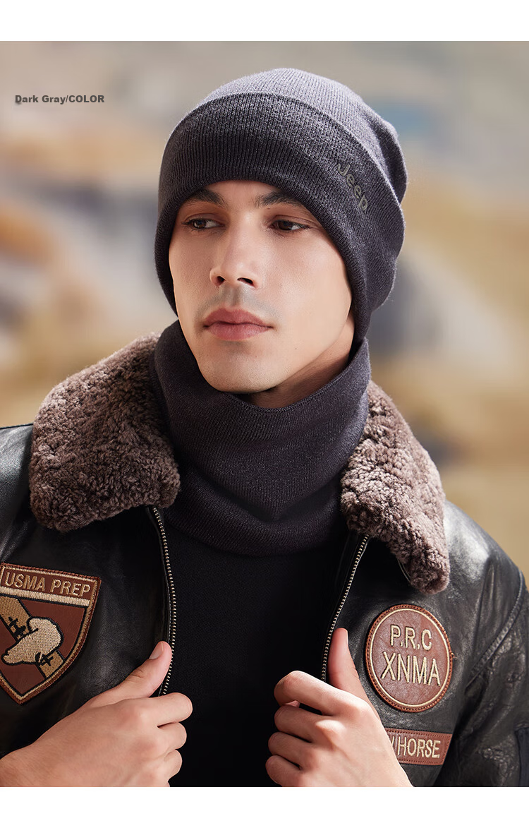 JEEP Men's Autumn Winter Knitted Hat Fleece Lined Warm Neck Warmer Thickened Woolen Beanie Ear Protection Cold Resistant Hat Black 14