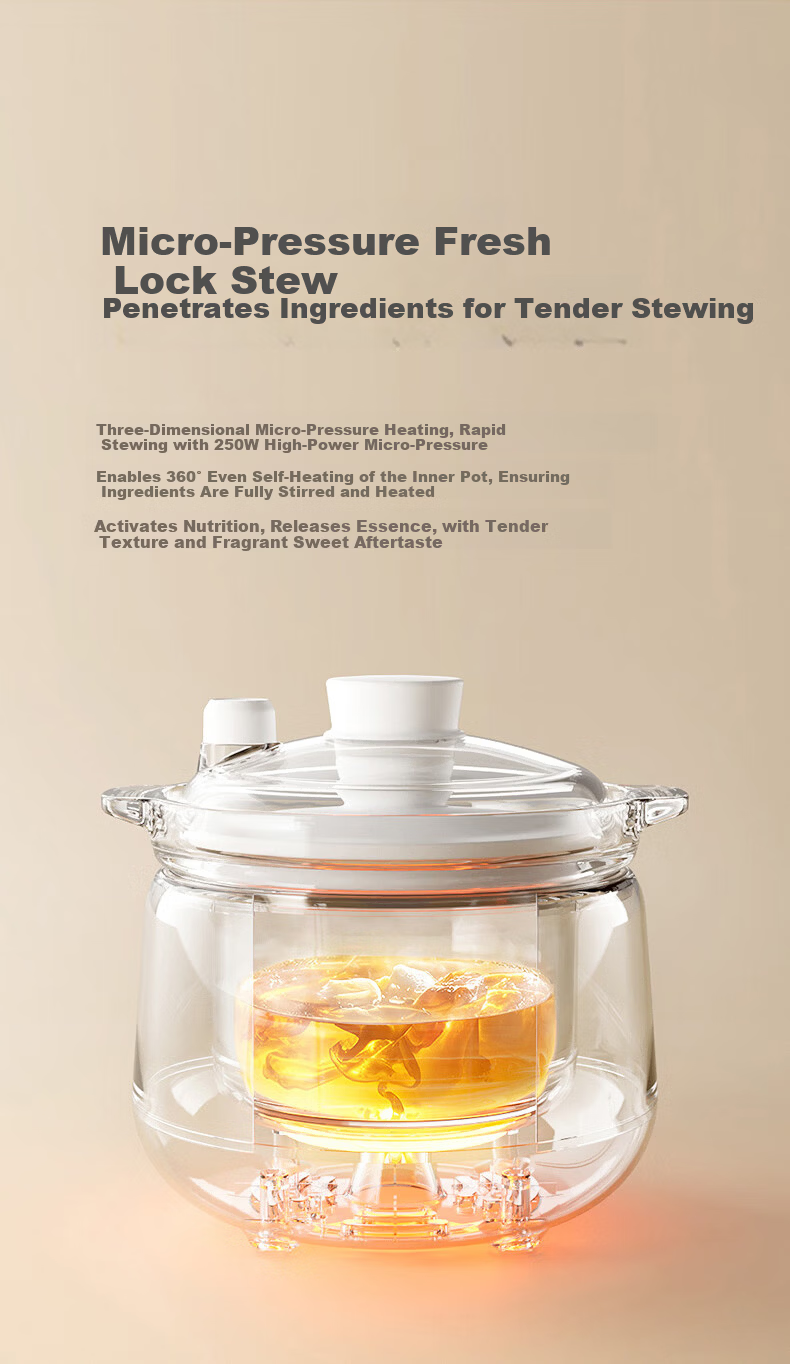 GLASSLOCK 1.8L Glass Electric Stew Pot, Non-Coated, Heavy Metal-Free, Split Micro-Pressure Baby Food Cooker, Slow Cooking Electric Pot, Multifunctional Cooker 9