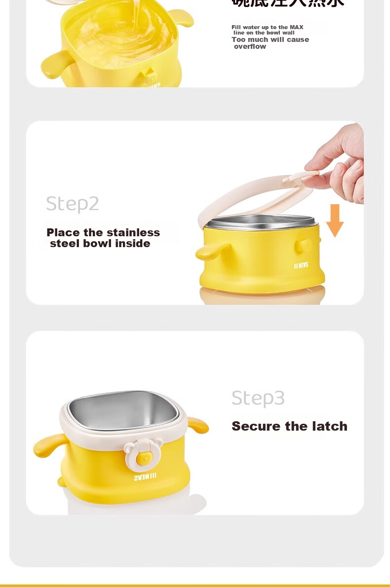 NEVS Square Baby Water-Filled Insulated Bowl Children's Tableware Suction Feeding Bowl Drop-Resistant Constant Temperature Bowl - Joseph Yellow Lunch Box 14