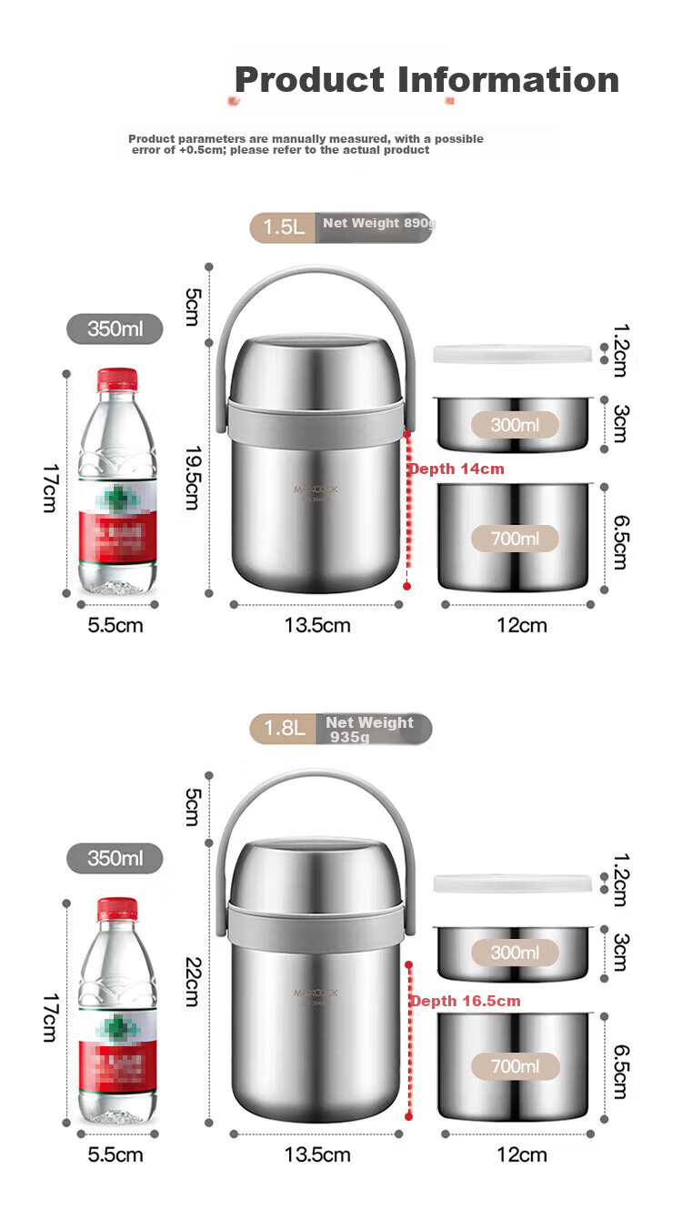MAXCOOK 304 Stainless Steel Insulated Lunch Box with Handle 1.5L Vacuum Double-Layer Thermal Container Student Lunch Box MCTG0164 5