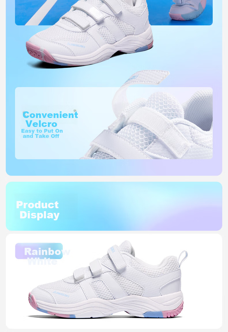 KAWASAKI Kids Badminton Shoes Puff Breathable Anti-Twist Wear-Resistant Velcro C42011 Rainbow White Size 34 9