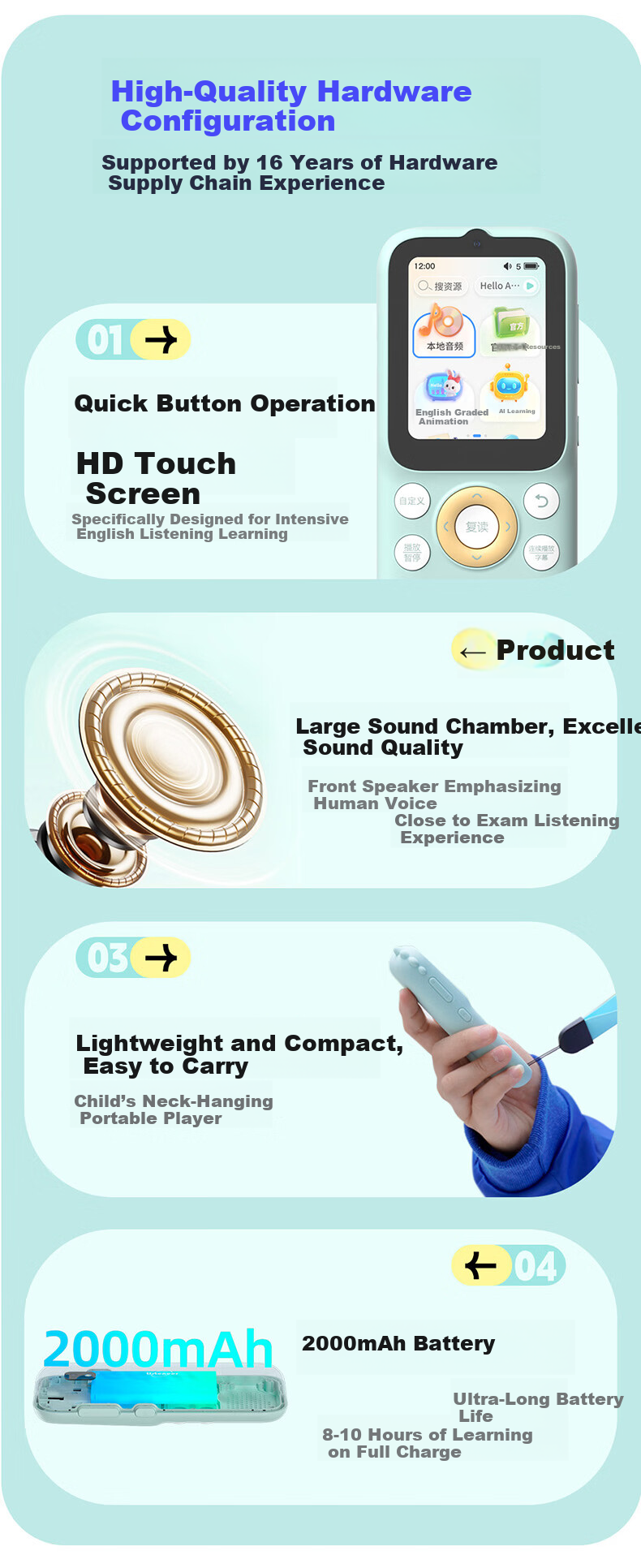 Listeneer K9Pro Hearing Aid English Listening Portable MP3 Ear Training Word Immersion Machine High School English Learning Device Story Companion Repeater Pink 128GB 16