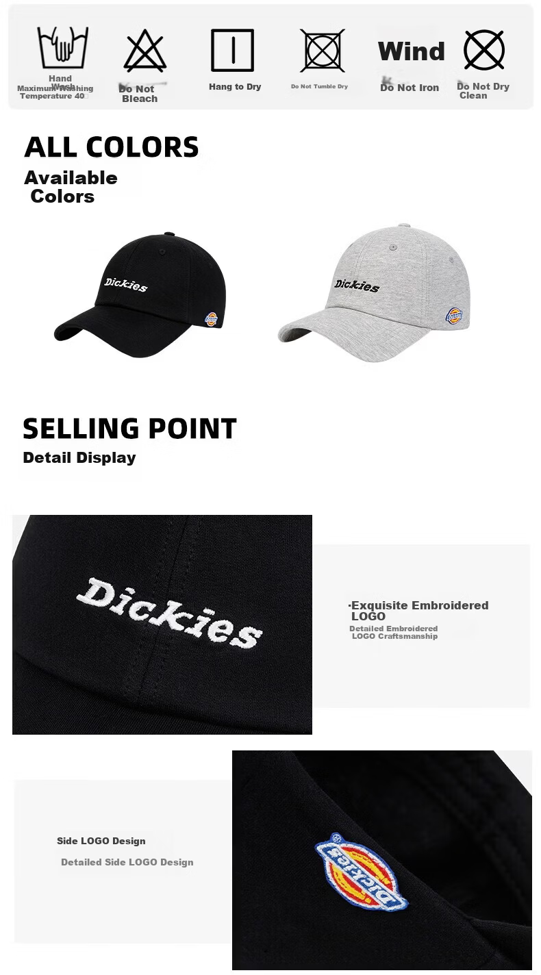 Dickies Cotton Soft Top Baseball Cap Unisex Couple Style Slim Face Duckbill Hat American Sunshade Embroidered Black 3