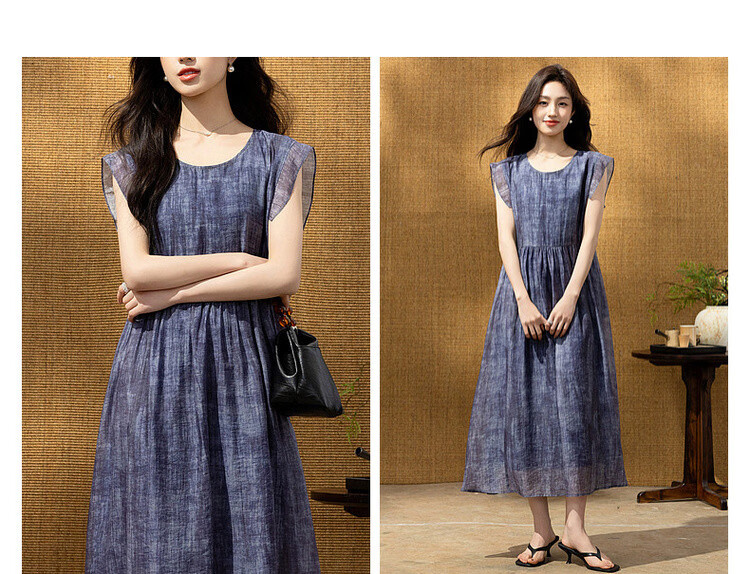 Demana [Breathable Tencel] Summer Ink-Style Print Round Neck Self-Tie Lightweight Dress for Women Premium Quality 5