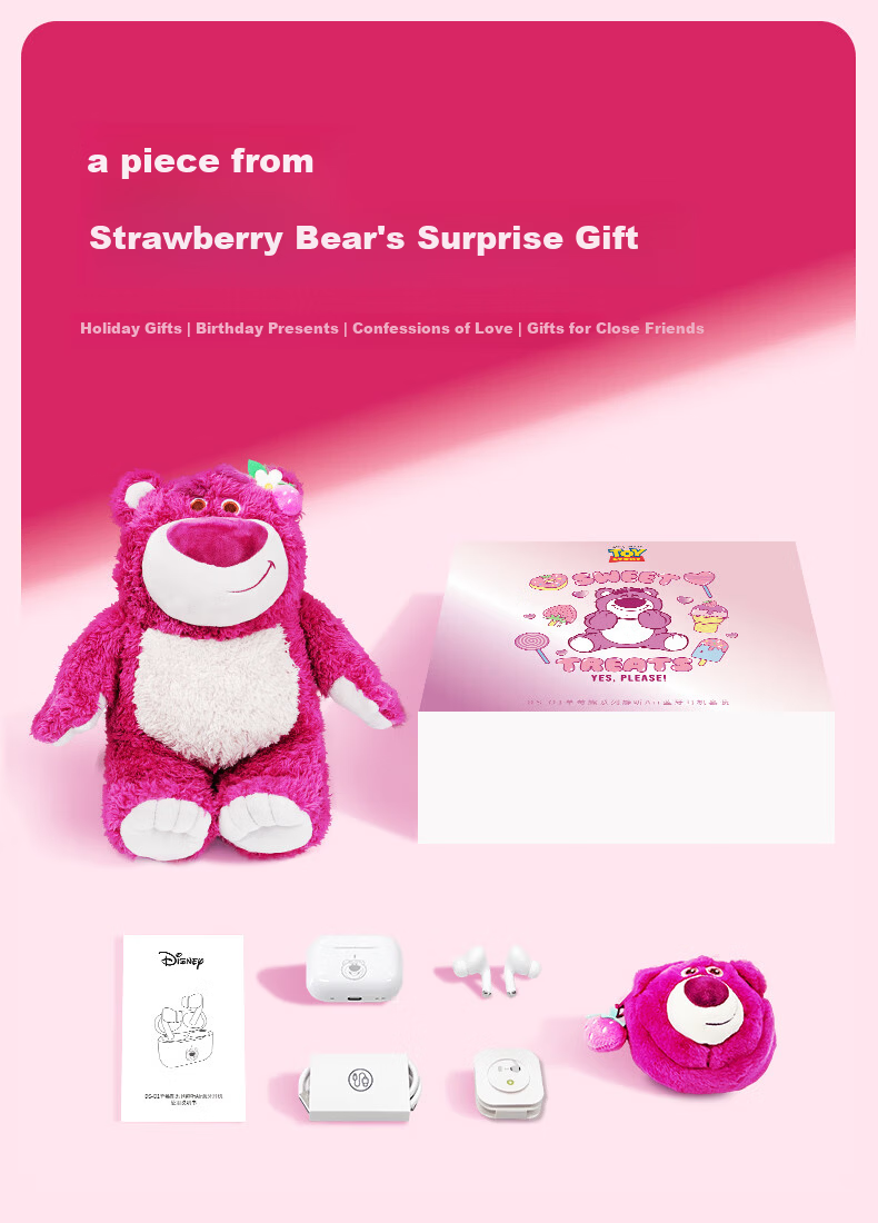 Disney Strawberry Bear Wireless Bluetooth Earbuds Limited Edition Gift Box In-Ear Noise-Canceling Long Battery Life High-Quality Sound Cute Gift for Men and Women Authorized Authentic 14