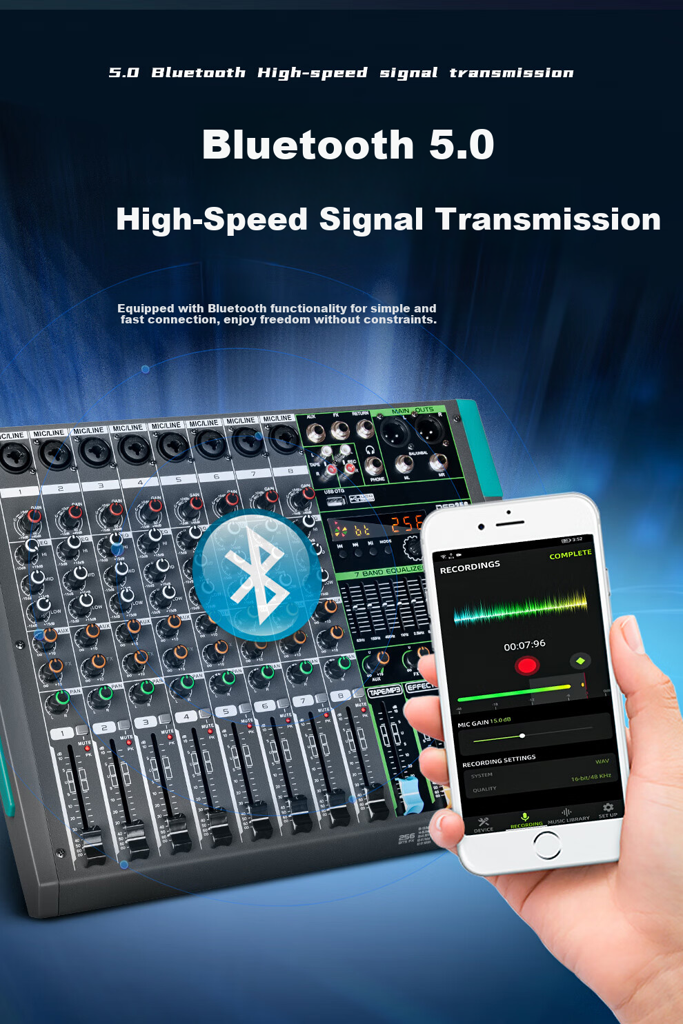 Depusheng GT2 8-Channel Mixer Amplifier All-in-One Stage Performance Home KTV Wedding Bar Conference 256 Reverb Bluetooth USB Single 15-Inch 500W*2 High Power 4