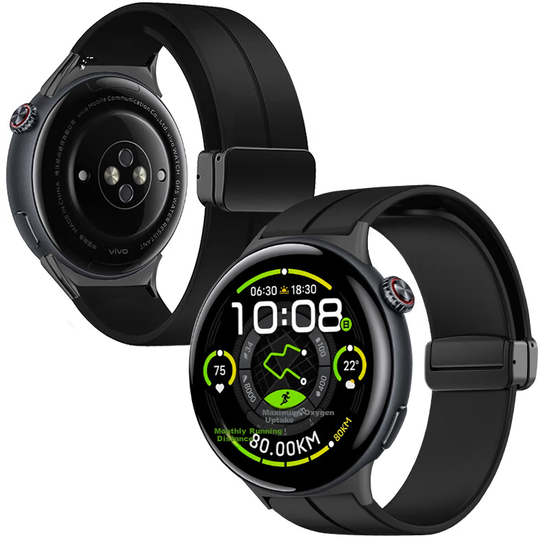 Freeson Compatible with vivo WATCH 5 Smart Sports Watch Band Liquid Silicone Soft Skin Feel Magnetic Folding Clasp Strap (22mm) Black