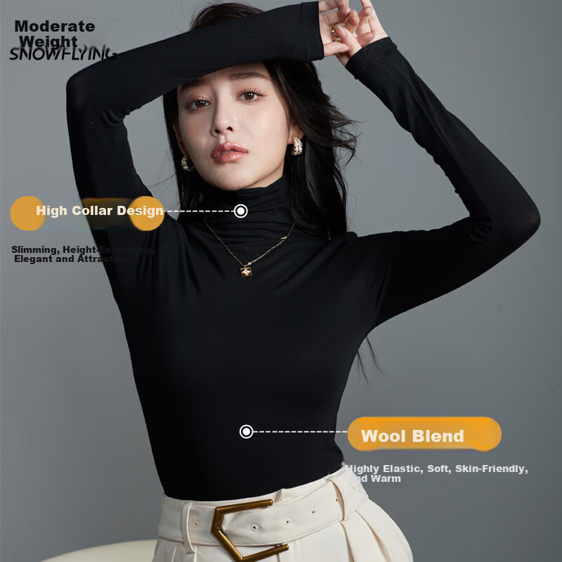 SNOWFLYING Turtleneck Wool Thermal Base Layer Women's Black Long Sleeve Autumn Winter Top