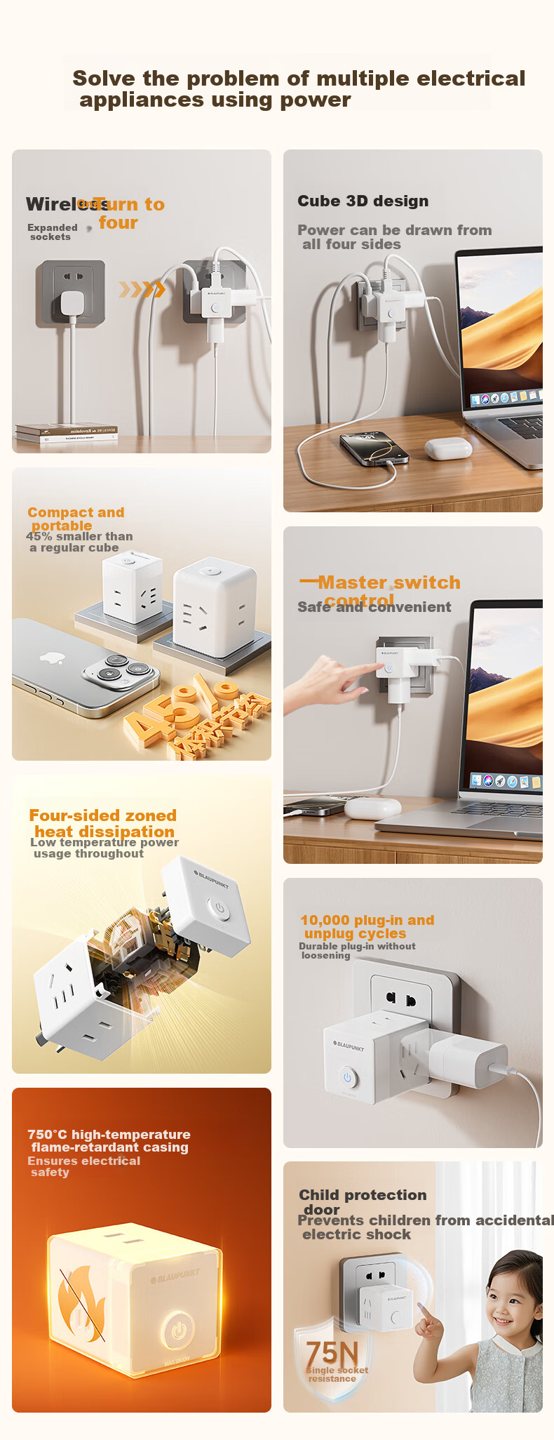 BLAUPUNKT Cube Power Strip Multi-Outlet Converter Multi-Functional Wireless Extension Socket Adapter 2