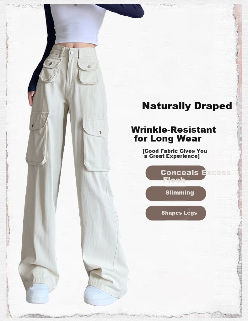 Langsha Women's Workwear Casual Cotton High-Waist Straight-Leg Trendy Pocket Wide-Leg American Style Spring Pants 12