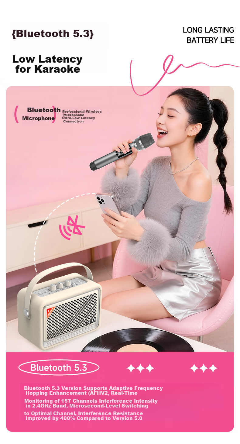 HiVi High-Quality Retro Bluetooth Portable Speaker Desktop Audio Outdoor Home Indoor Karaoke Microphone All-in-One TQ53 White Birthday Gift for Friends 8
