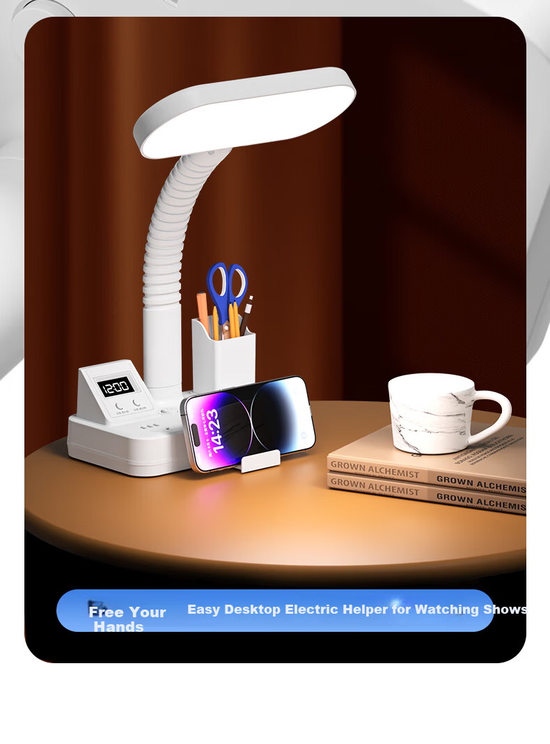 Sushiermo Pen Holder 3-in-1 LED Desk Lamp + Power Outlet + Digital Clock Student Desk Lamp 3-Socket 1.8m Cord Suitable for Dormitory Study Room Bedroom 21