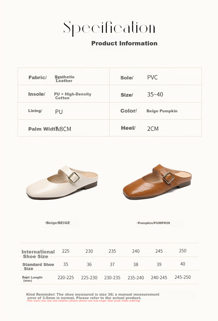 ZHR Zese Mueller Women's Classic Versatile Outdoor Half-Slip Elegant Low-Cut Mary Jane Shoes KH18 Pumpkin Color Size 36 5