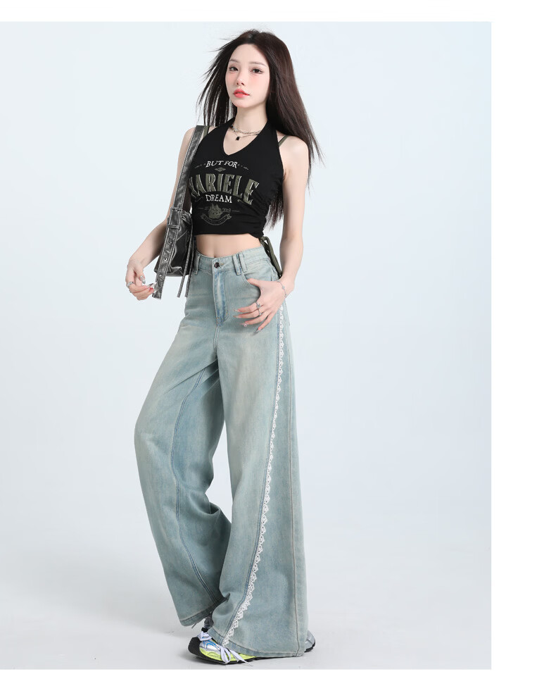 Jeanswest Women's Jeans 2026 Summer Retro Washed Light Lace Trim High Waist Washed Wide Leg Pants Light Blue M 20